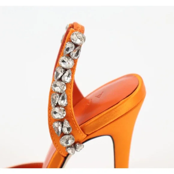 Aminah Abdul Jillil Soleil Women Slingback Rhinestone Stillet Orange Satin Sz 6M
